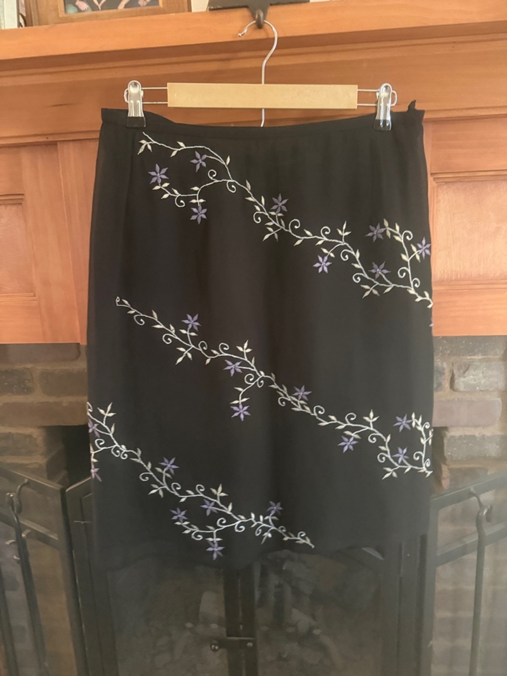 Vintage 90s Amanda Smith Black Floral Embroidered Skirt Lined Sheer Size M